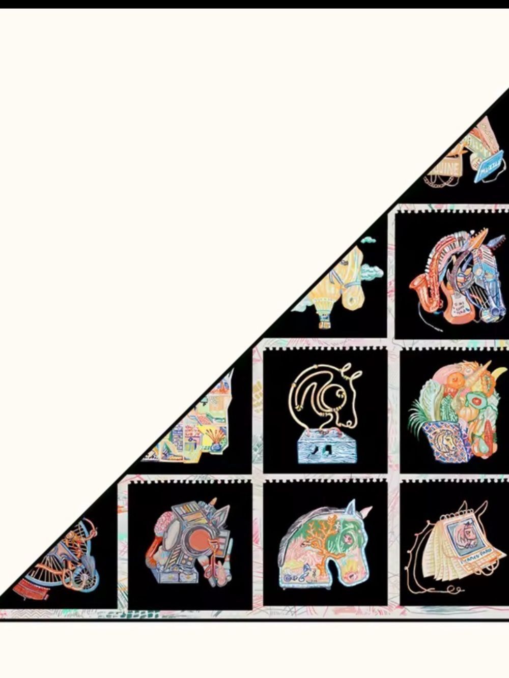 Silk Scarf Panel with Colorful Animal Motifs - Black & Cream